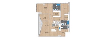 A floor plan of a house with a primary bedroom, study, dining area, kitchen, living room, and two bathrooms.