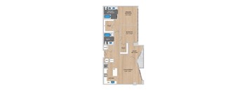 A floor plan of a house with a primary bedroom, study, living/dining area, kitchen, bath, and two walk-in closets.