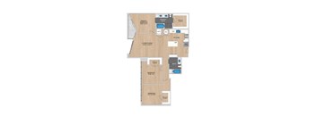 A floor plan of a house with two bedrooms, a living room, a kitchen, a bathroom, and a laundry room.