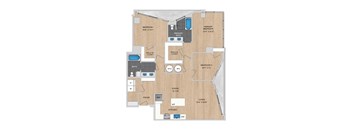 A floor plan of a house with a primary bedroom, a bath, a walk-in closet, a dining area, a living room, a kitchen, a powder room, and a second bedroom.