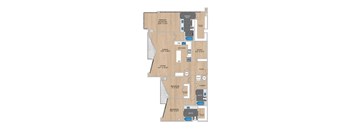 A floor plan of an apartment with two bedrooms, a living room, a study, a kitchen, a bathroom, and a laundry area.