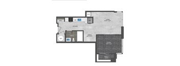 A floor plan of a house with a kitchen, bathroom, dining area, and a studio.