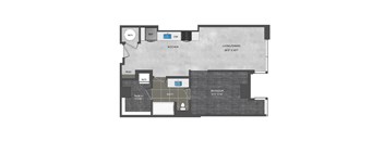 A floor plan of a home with a living/dining area, kitchen, bathroom, and bedroom.