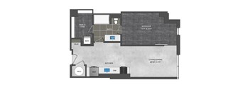 A floor plan of a house with a living room, kitchen, bedroom, and bathroom.