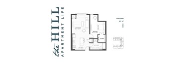 A 1 bedroom floor plan for 810 SF apartment with a living room, kitchen, bathroom, and bedroom.