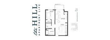 A floor plan for a 741 square foot apartment with two bedrooms, a living room, a kitchen, a bathroom, and a closet.