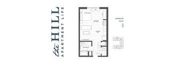 A floor plan for a 515 square foot apartment with a living room, kitchen, and bathroom.