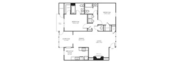 A black and white floor plan of a house with two bedrooms, a living room, a dining room, a sunroom, a breakfast nook, and a fireplace.