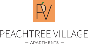 Peachtree Village apartments logo on a black background.