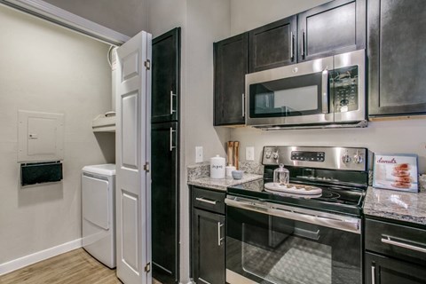 A modern kitchen with black cabinets and stainless steel appliances.