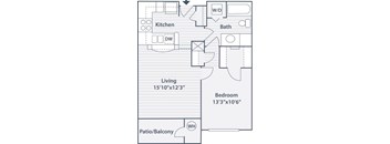 A floor plan of a small apartment with a living room, kitchen, bathroom, bedroom and a patio.