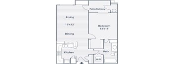 A floor plan of a home with a living room, dining room, kitchen, bedroom, bathroom, and a patio/balcony.