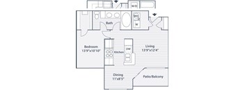 A floor plan of a living space with a bedroom, kitchen, dining area, and bathroom.