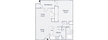 A floor plan of a house with a living room, dining room, kitchen, bathroom, bedroom, and patio/balcony.