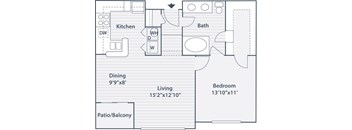 A floor plan of a home with a kitchen, living room, dining room, bathroom, bedroom and patio.