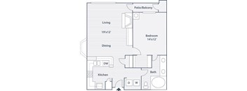 A floor plan of a home with a living room, dining room, kitchen, bathroom, and bedroom.