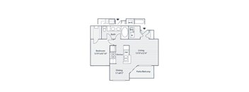 A floor plan of a small apartment with a living room, bedroom, kitchen, and bathroom.