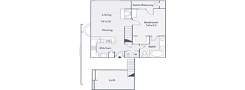 A floor plan of a house with a living room, dining room, kitchen, loft, and bathroom.