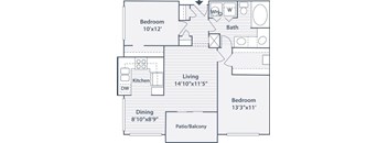 A floor plan of a home with a living room, two bedrooms, a bathroom, a kitchen, a dining room, and a patio/balcony.