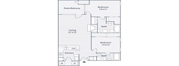 A floor plan of a home with a living room, kitchen, and two bedrooms.