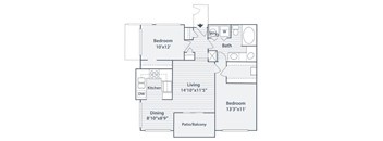 A floor plan of a home with a living room, two bedrooms, a bathroom, a kitchen, a dining room, and a patio/balcony.