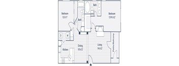 A floor plan of a small apartment with two bedrooms, a living room, a dining room, a kitchen, and a patio/balcony.