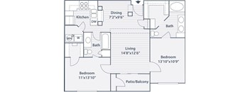 A floor plan of a house with a living room, dining room, kitchen, and three bedrooms.