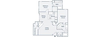 A floor plan of a living space showing a kitchen, dining area, and three bedrooms.