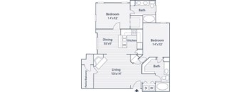 A floor plan of a home with two bedrooms, a living room, a dining room, a kitchen, a bath, and a patio/balcony.