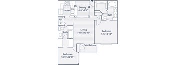 A floor plan of a home with a living room, dining room, kitchen, and three bedrooms.