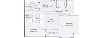 A floor plan of a house with a living room, two bedrooms, a kitchen, a dining room, and two bathrooms.