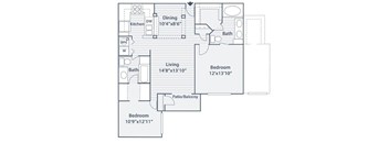 A floor plan of a home with a living room, dining room, kitchen, and three bedrooms.