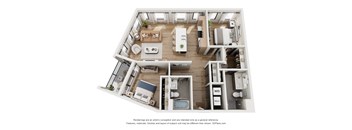 A 3D floor plan of a house with a kitchen, living room, and two bedrooms.