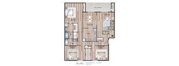 A floor plan of a three bedroom, two bathroom apartment.