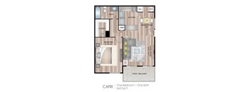 A floor plan of a one bedroom, one bath apartment at CAPRI.