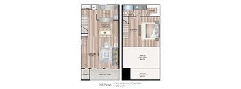 A floor plan of a Messina apartment with one bedroom and one bath.