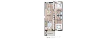 A floor plan of a two bedroom, two bath apartment in Milan.