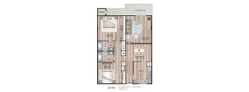 A floor plan of a two bedroom, two bath apartment.