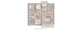 A floor plan of a three bedroom apartment with two bathrooms.