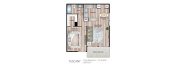 A floor plan of a one bedroom, one bath apartment at Tuscany.