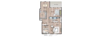 A floor plan of a two bedroom, two bathroom apartment in Venice.