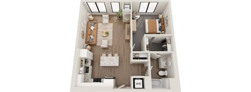 A top-down view of a well-organized apartment with a kitchen, living room, and bathroom.