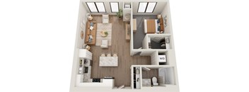 A 3D floor plan of a small apartment with a kitchen, living room, and bedroom.