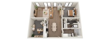 A top-down view of a small apartment with a kitchen, living room, and bedroom.