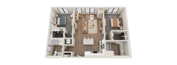 A top-down view of a two-bedroom apartment with a living room, kitchen, and bathroom.