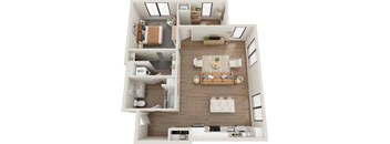 A floor plan of a small apartment with a living room, kitchen, and bathroom.