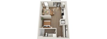 A top-down view of a small apartment with a kitchen, living room, and bathroom.