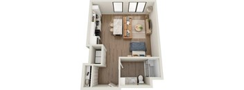 A small, neatly organized apartment with a kitchen, dining area, and living room.
