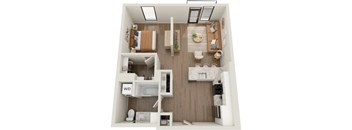 A top-down view of a small apartment with a kitchen, living room, and bathroom.