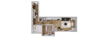 A floor plan of a house with a kitchen, living room, and two bedrooms.